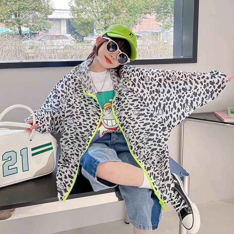 

Girls Leopard Printed sun protection Jacket New Summer Teens Hooded Causal Loose Thin Coat Children Clothing y394