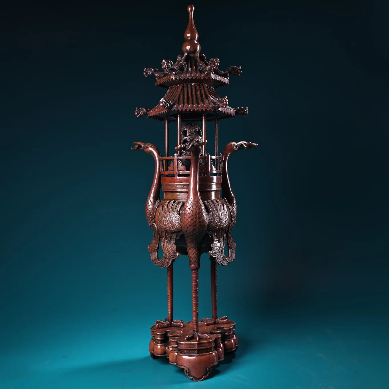 

13"Tibet Temple Collection Old Bronze Mosaic Gem Three sided crane statue pagoda furnace incense Town House Exorcism