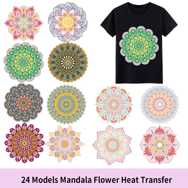 

24cm Combination Mandala Printing Heat Transfer Iron On Patches DIY Women's T-shirt Workwear Decoration Vinyl Sticker