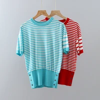 tb four bar ice silk striped knitted top womens summer new loose thin knitted sweater t shirt british style