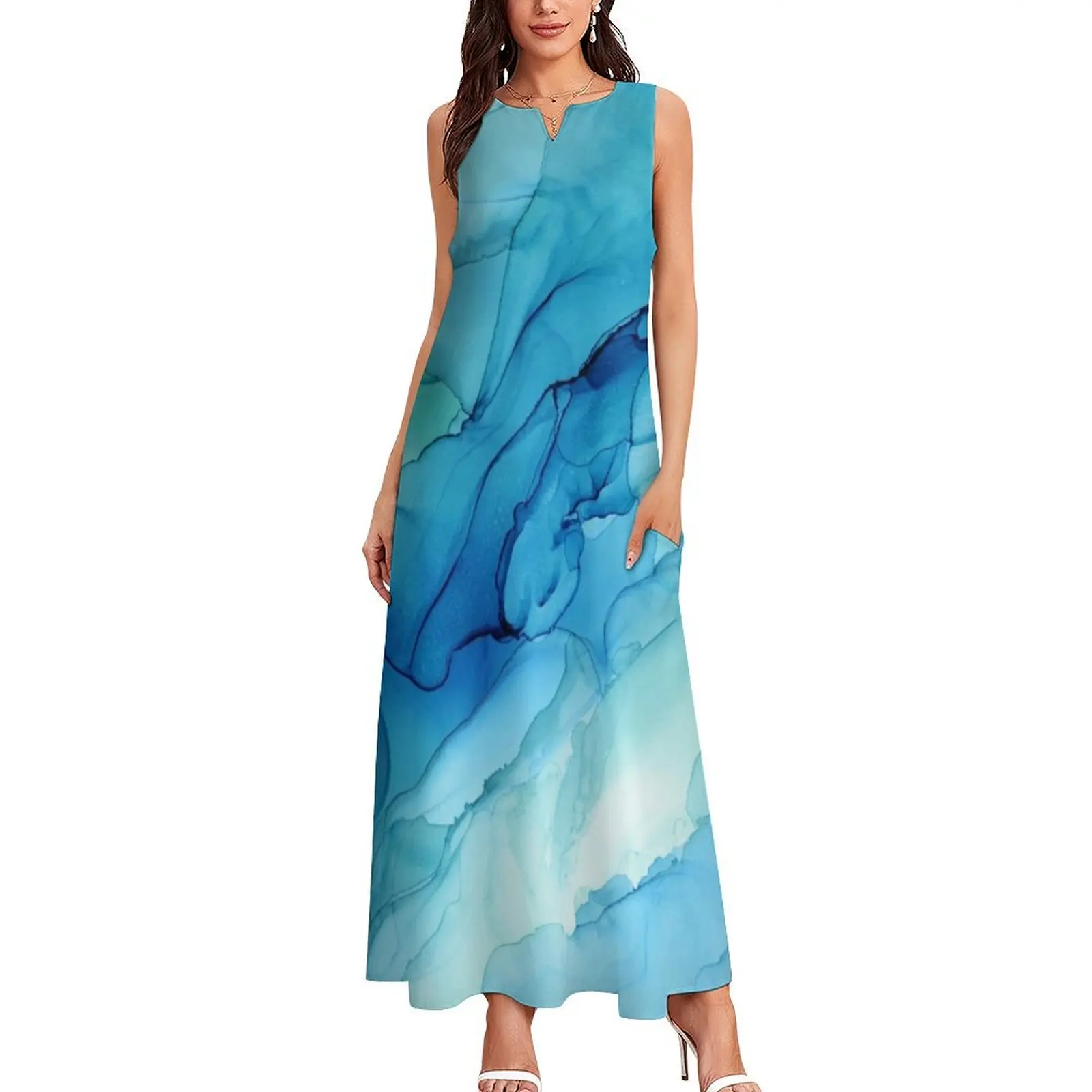 Синее Изумрудное Водное Омбре Абстрактные Чернила Длинное Платье одежда для