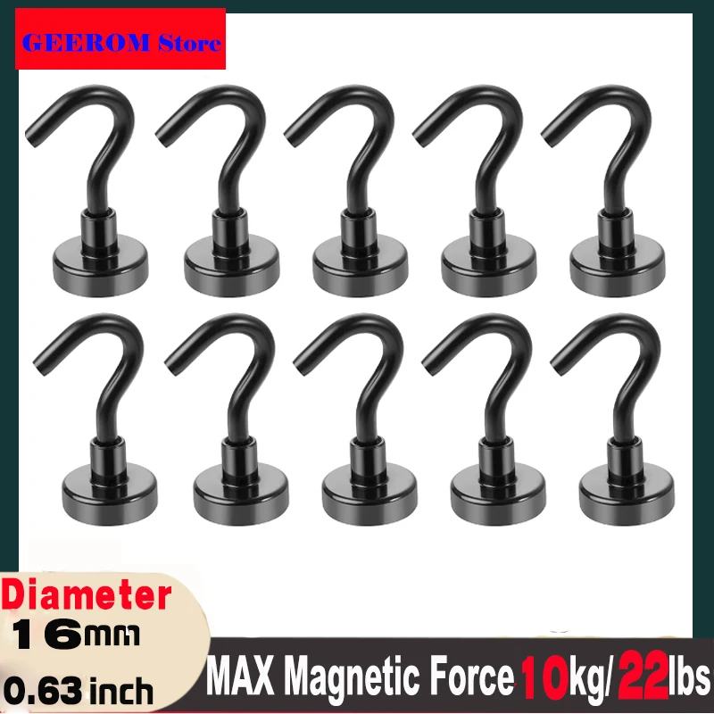 

10 Pack Magnetic Hooks, 22 lb+ Pull Extra Strong Neodymium Magnet Hooks, Magnetic Hooks Heavy Duty, Magnetic Hooks for Fridge, M
