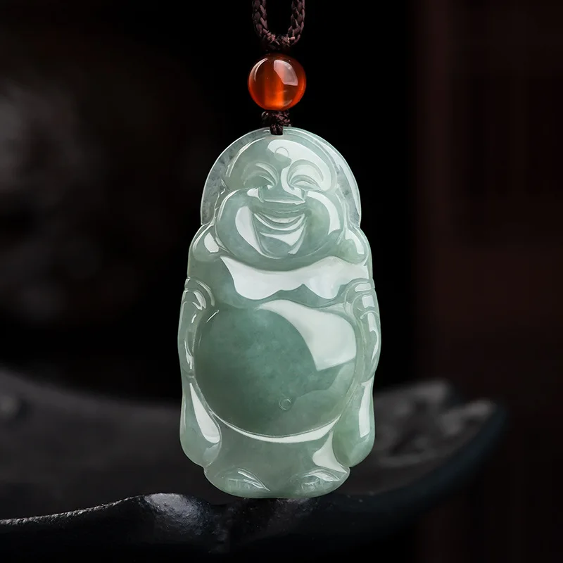 

Hot Selling Natural Hand-carve Jade Cyan Laughing Buddha Maitreya Necklace Pendant Fashion Jewelry Men Women Luck Gifts Amulet