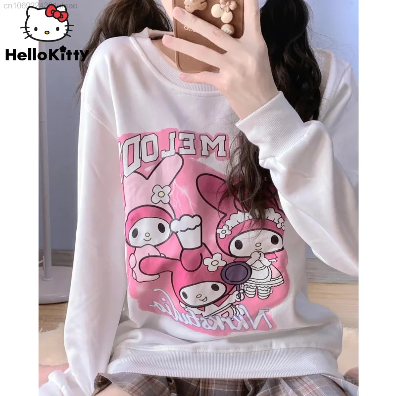 Sanrio Melody New Tops Cartoon Harajuku Round Neck Sweatshirts Women Spring Thin Pullovers Y2k Clothes Sweet Long Sleeve Shirts