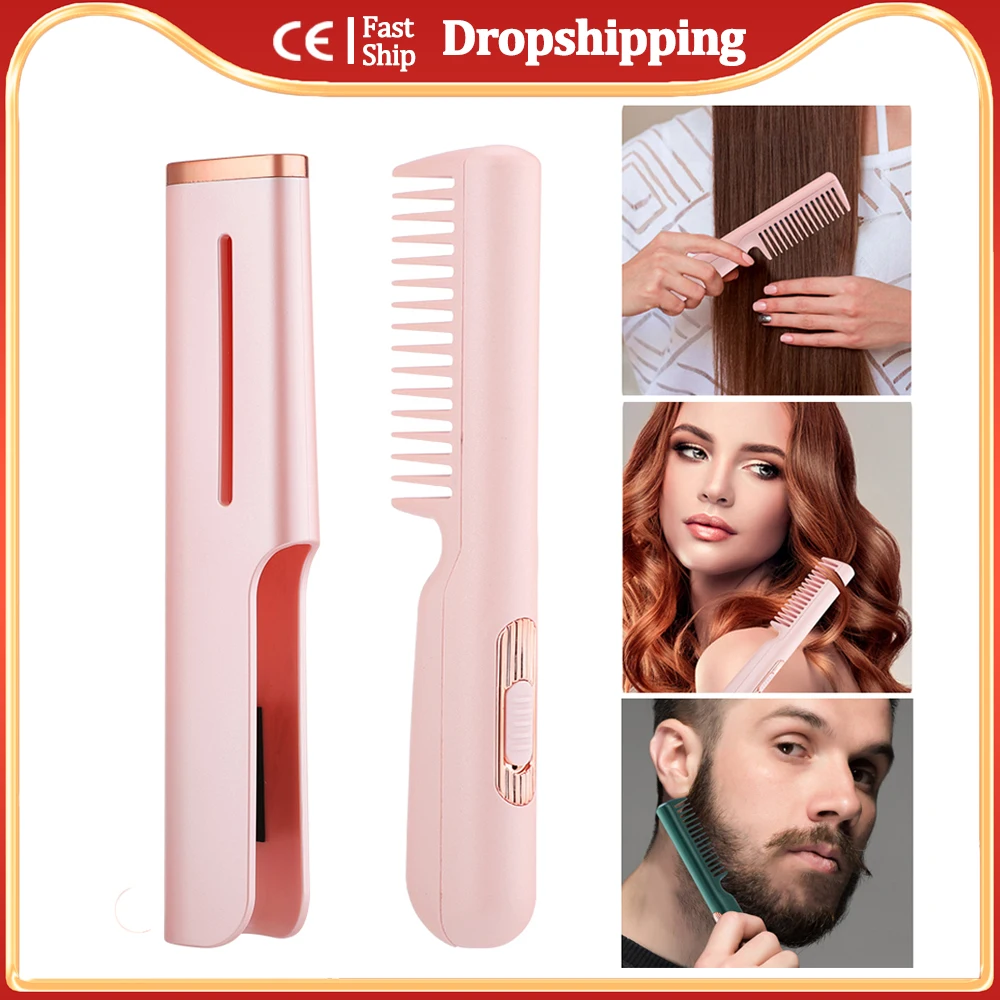 

3 In 1 Electric Hair Straightening Curling Brush Hairbrush USB Port Anti-scald Heated Men's Beard Straightener Comb