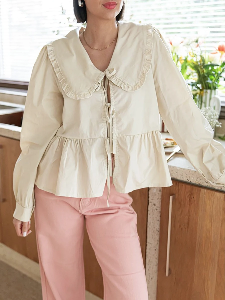 HzDazrl Y2k женская рубашка с баской длинным рукавом Однотонная кукольный воротник