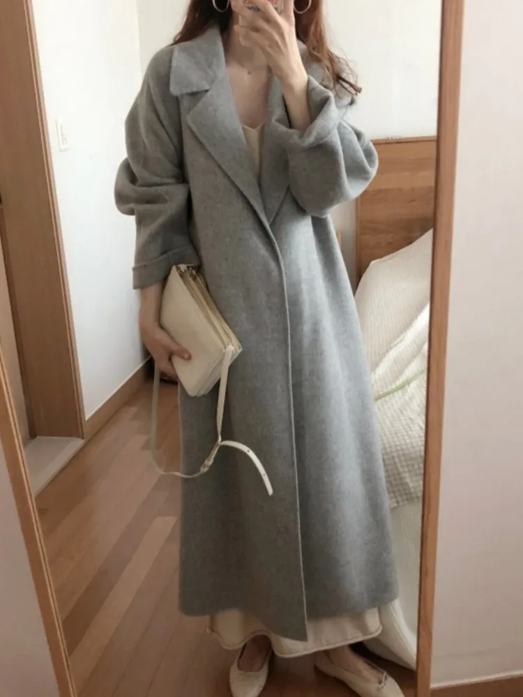 Winter Woolen Coat 2022 Women's Casual High Quality Blend Trench Coat Loose Long Coat With Belt Female Korean Fashion Outerwear