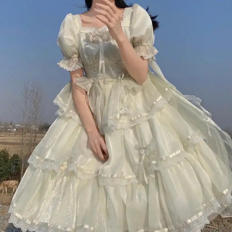 

Full Stock Miss Flora Lolita Lolita Dress Op Flower Wedding Gorgeous Square Neck Bubble Sleeve Three Section Style Petticoat