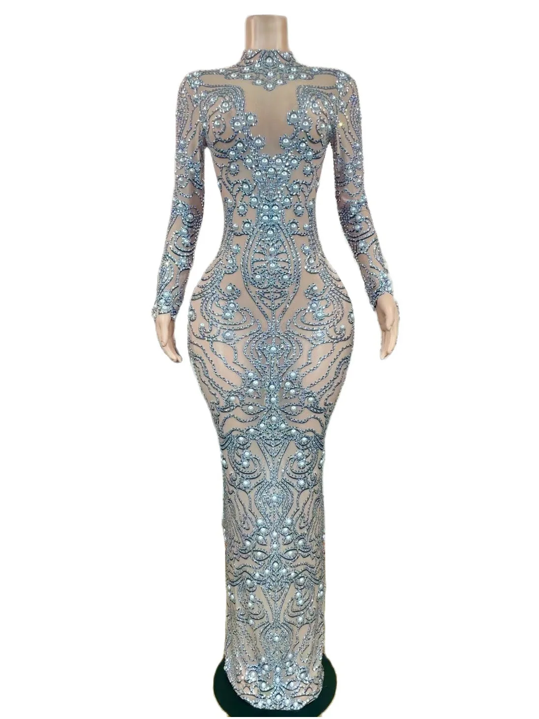 

Nude Shining Rhinestone Pearls Sexy Split Long Sleeves Dress For Women Evening Celebrity Clothing Singer Stage Costumes