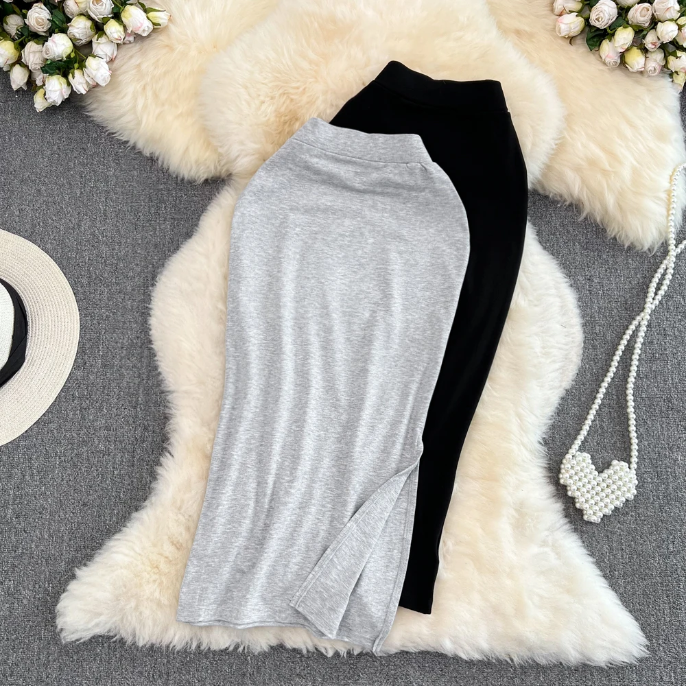 

Summer Solid Color Mid-length Knee-high Waist Slim Slit Hip Skirt