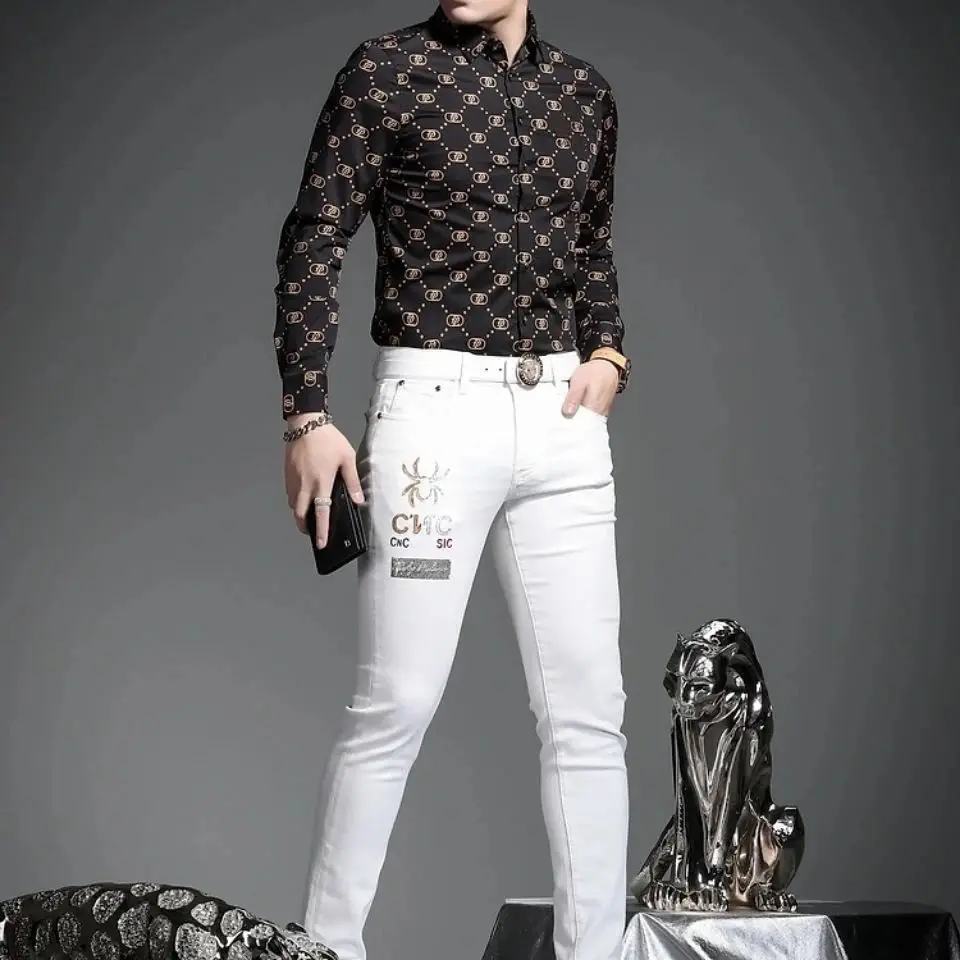 Men's Long Sleeve Shirt Spring Summer Casual Personalized Shirt Trend Slim Advanced Lattice New Men's Clothing