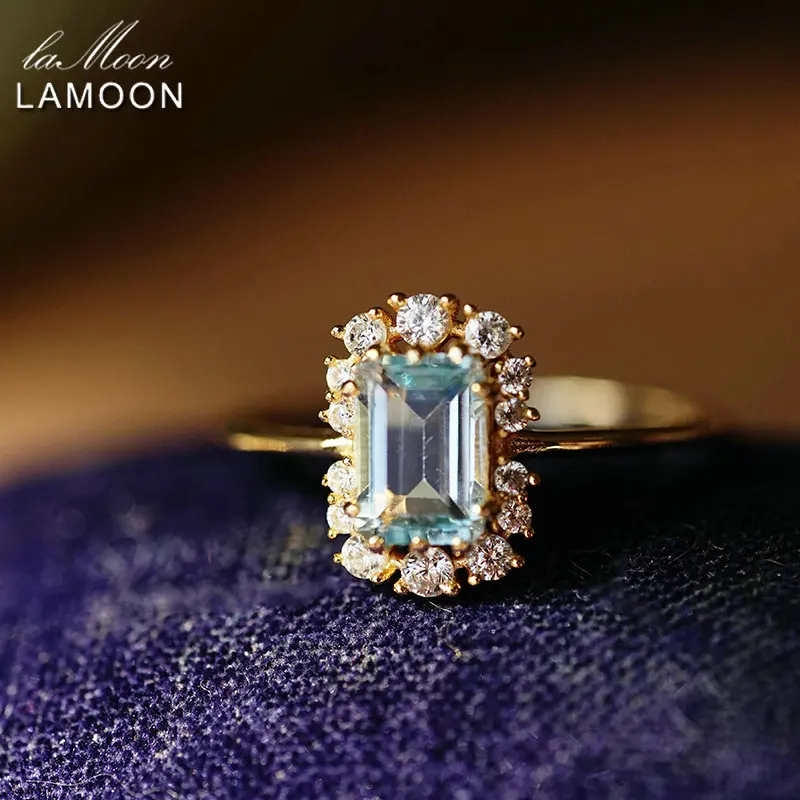 LAMOON Vintage Natural Topaz Rings Gemstone Ring Blue Topaz 925 Sterling Silver K Gold Plated Wedding Engagement For Women RI190