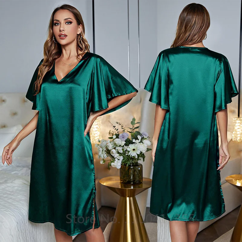 Women Solid Sleepdress Sexy V-Neck Nightgown Satin Sleepwear Summer Home Dressing Gown Lady Loose Nightwear Intimate Lingerie