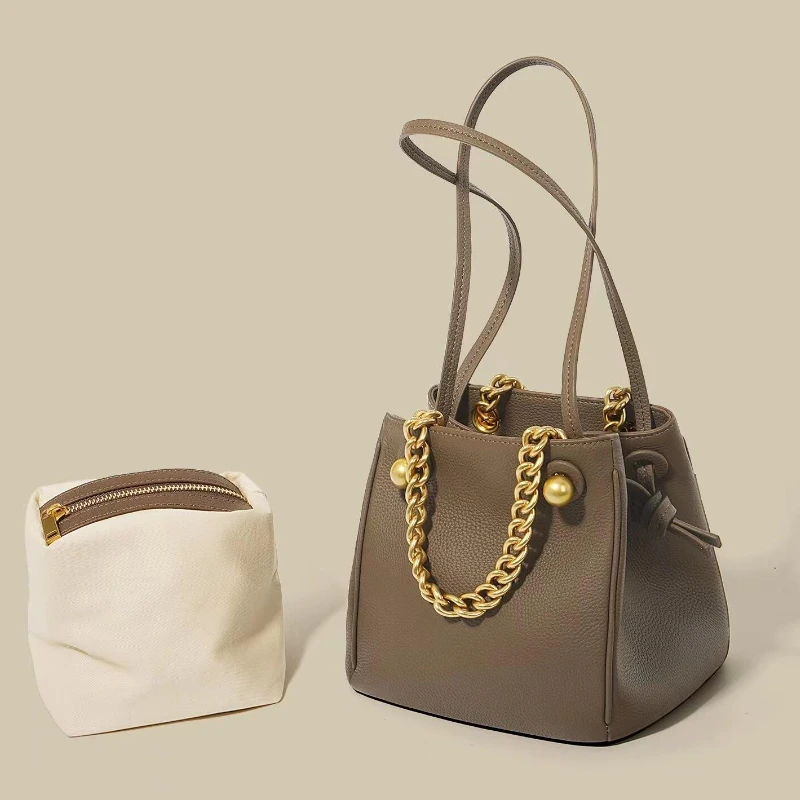 Luxury Designer Bag 2023 New Women's Two-in-one Chain Handbag One Shoulder Underarm Bag Fashion Drawstring Cowhide Bucket Bag