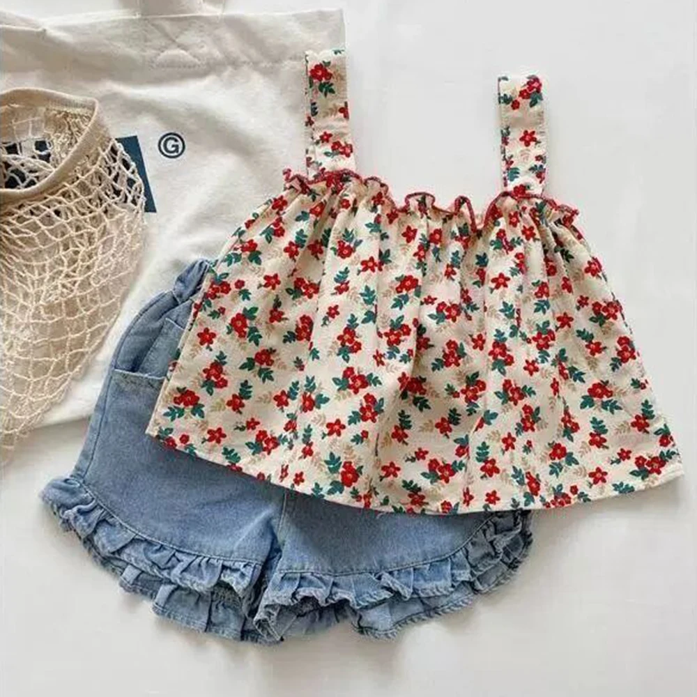 Girls suit 2023 new summer fashion baby girl comfortable foreign style suspenders Cute shorts