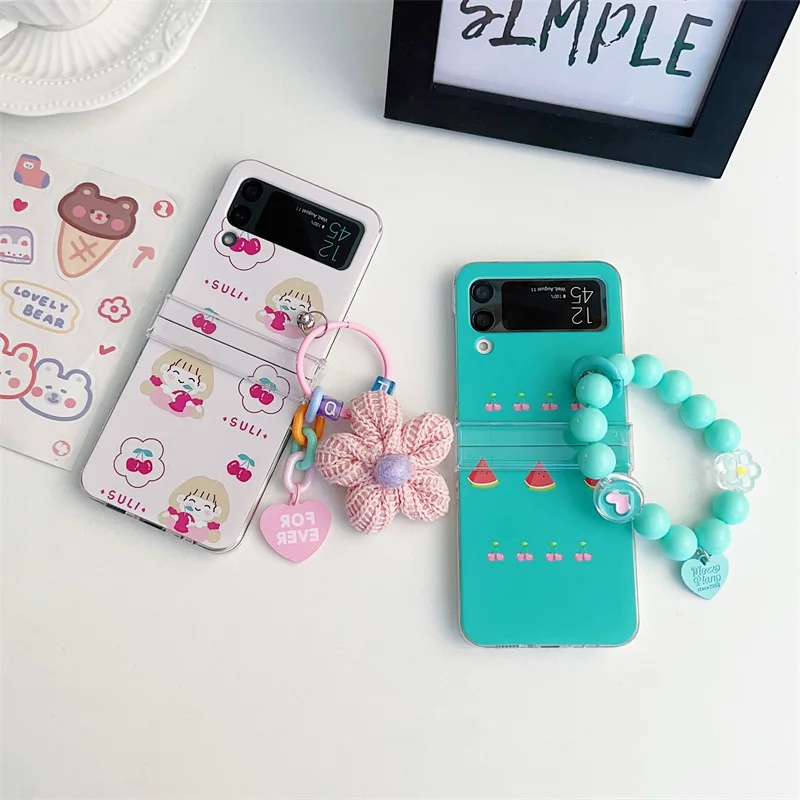 

Ins Mint Green Watermelon Cherry Phone Case for Samsung Galaxy Z Flip 4 3 Hard Cover for ZFlip3 Zflip4 Solid Shell Bracket