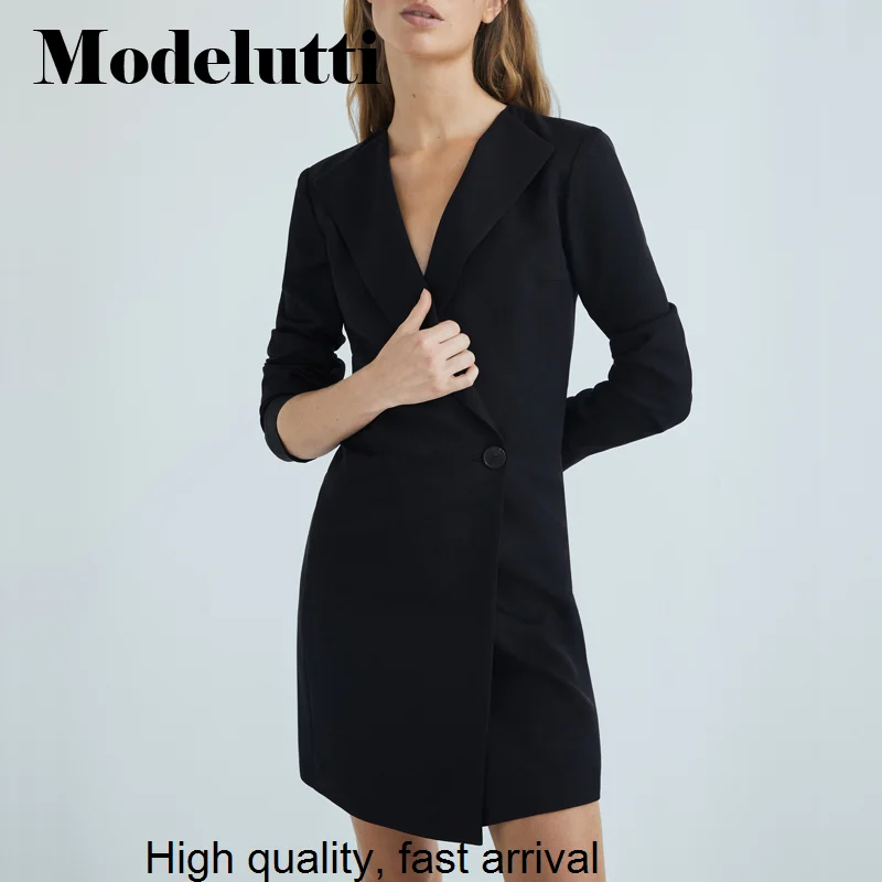 Spring 2023 New Autumn Fashion Long Sleeve V-Neck Black Blazer Dress Solid Color Women Simple Casual Mini Dress Female