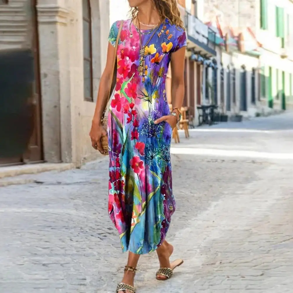 

Шикарное платье, одежда, свободное платье макси с цветочным принтом, удобное свободное платье с коротким рукавом