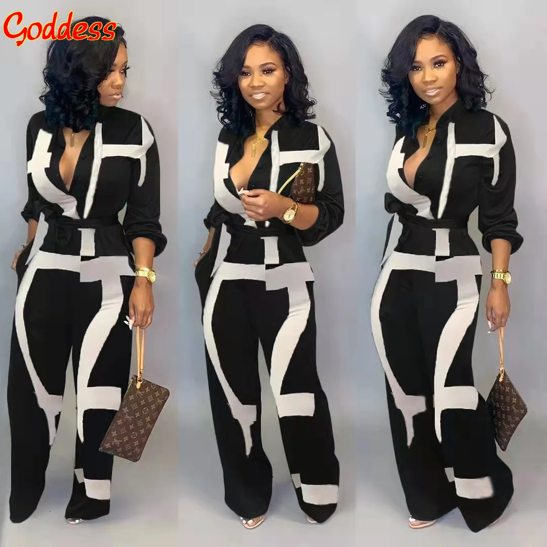 New Spring Women's Street Sexy Jumpsuit Cardigan Printed Long Sleeve Top Tie Jumpsuit Office Temperament Workwear