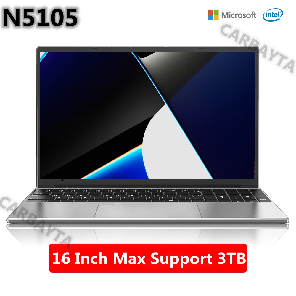 CARBAYTA  16 Inch Laptop Intel N5105 Windows 10 11 Pro  Ram 12GB Rom Max 3TB SSD Computer 2.4G 5G Wifi Bluetooth Gaming Laptop