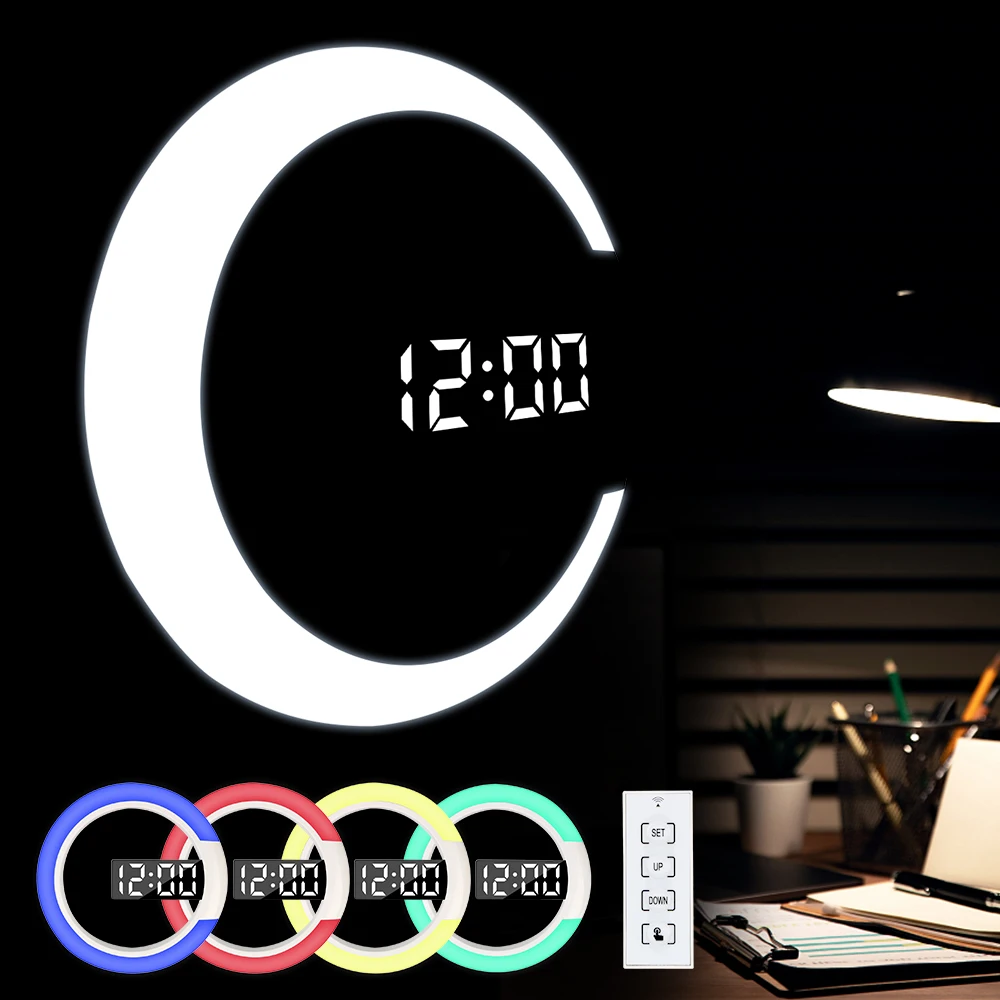 

Modern Digital Mirror Alarm Clocks Remote Control 3D 7 Color LED Wall Clock Temperature Nightlight horloge muraleHome Decor