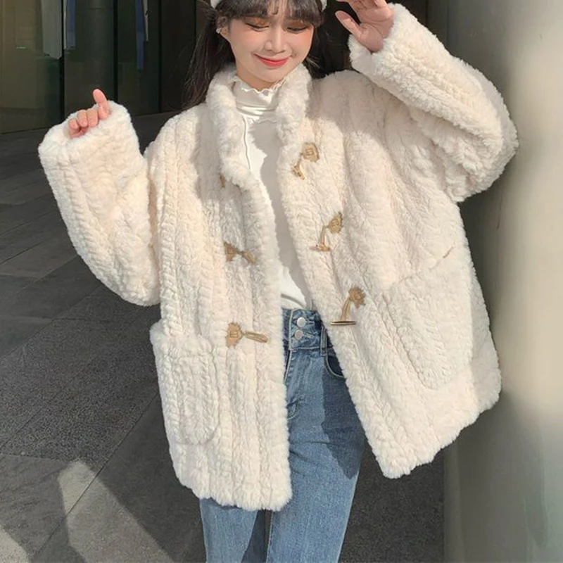 Lamb coat women's autumn winter thickened 2022 new Korean cowhorn button small cotton jacket  Cashmere  Thick （Winter)