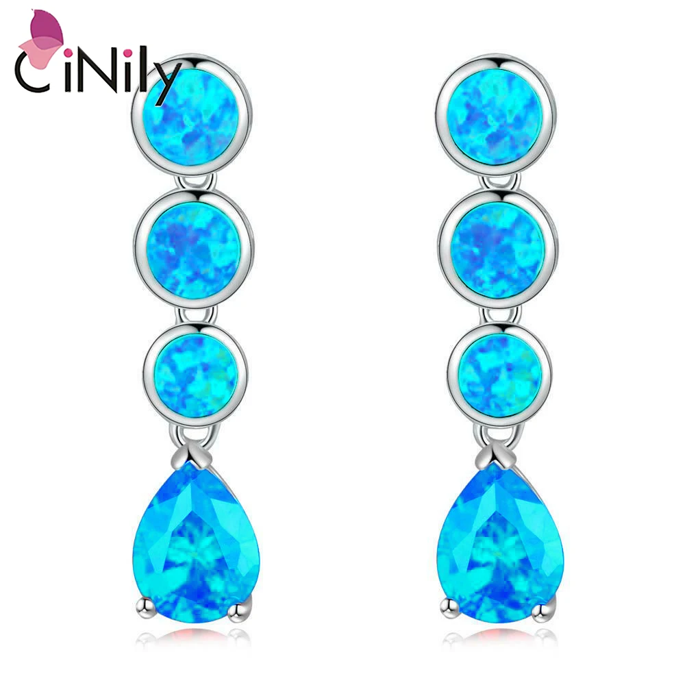 

CiNily Created Blue Fire Opal Blue Zircon Silver Plated Earrings Wholesale Elegant for Women Jewelry Stud Earrings 1 1/4" OH3437