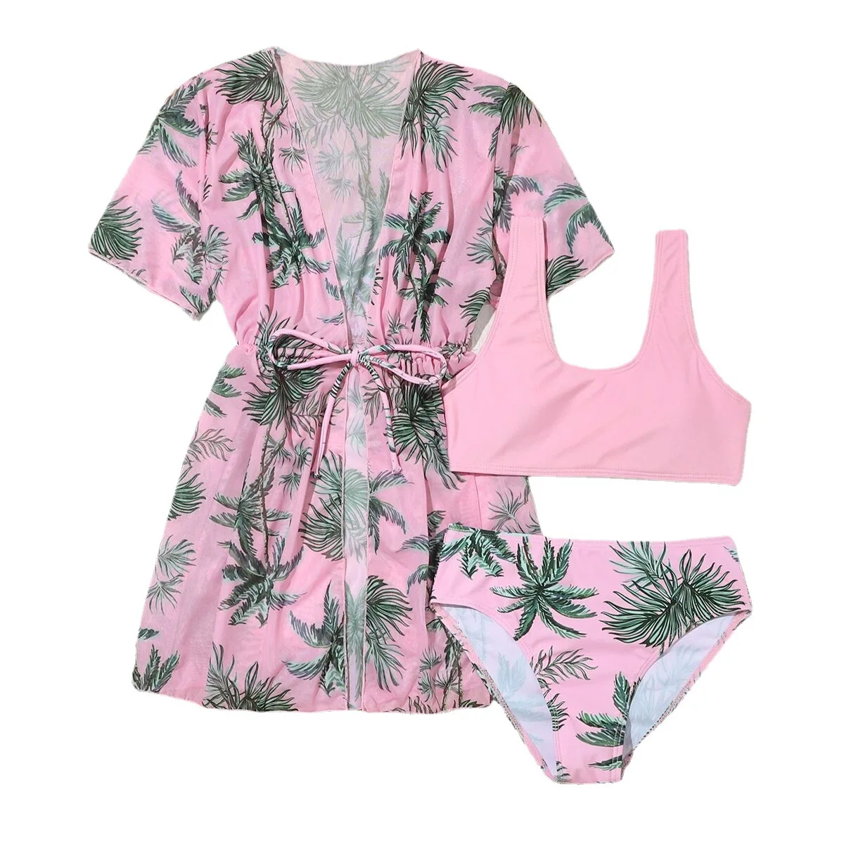 Girls 3pack Tropical Print Bikini Swimsuit with Mesh Cover Up 7-14 Years Children's Swimwear Kimono 2023 Swimming Suit Beachwear images - 6