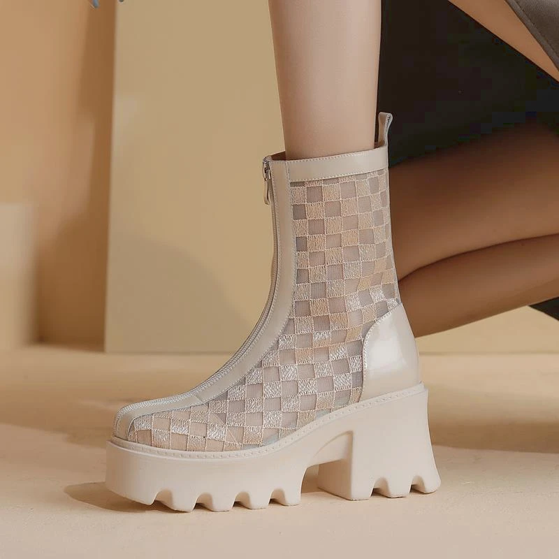 

Summer Women Heels Boots 8cm Platform Sexy Checkered Mesh Translucent Short Boots Zip Square Thick Heel Mid-Calf Nightclub Shoes