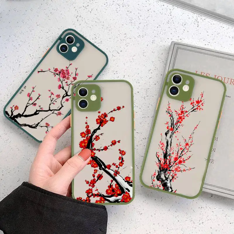 

Plum Blossom Flower Red Floral Phone Case matte transparent For iphone 11 12 13 6 s 7 8 plus mini x xs xr pro max cover