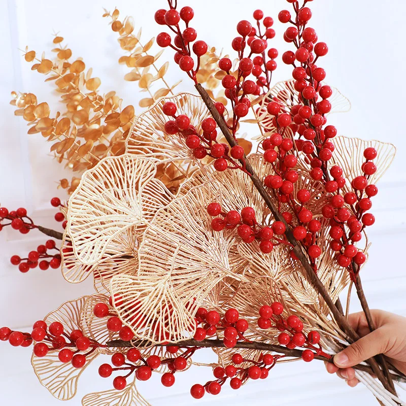 

Artificial Plant Gold Leaf Artificial Leaf simulation fortune fruit vase Home Decor flower berry fortune red fruit decoration