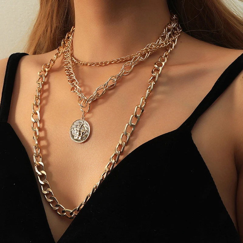 

Ingemark Punk Cuban Curb Chunky Chain Necklace for Women Collar Steampunk Men Vintage Gold Color Portrait Coin Pendant Wholesale