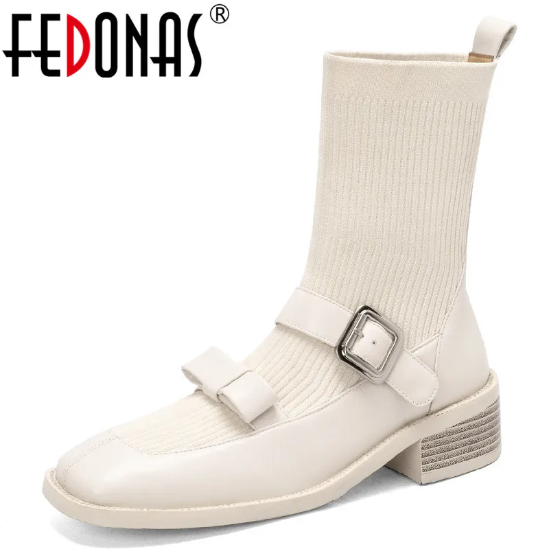

Женские ботильоны на толстом каблуке FEDONAS, ботильоны из натуральной кожи с бантиком-бабочкой на осень-зиму