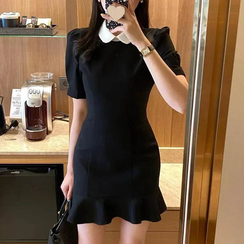 2024 весеннее элегантное платье с лацканами контрастного цвета пышными рукавами