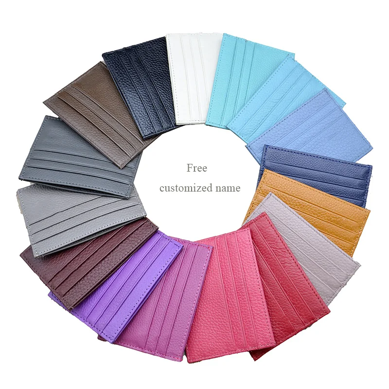 Free Custom Name 100% Genuine Leather ID Card Holders Colorful Cowhide Coin Purse Bus Bank Credit Card Case Multi Slot Gift DIY