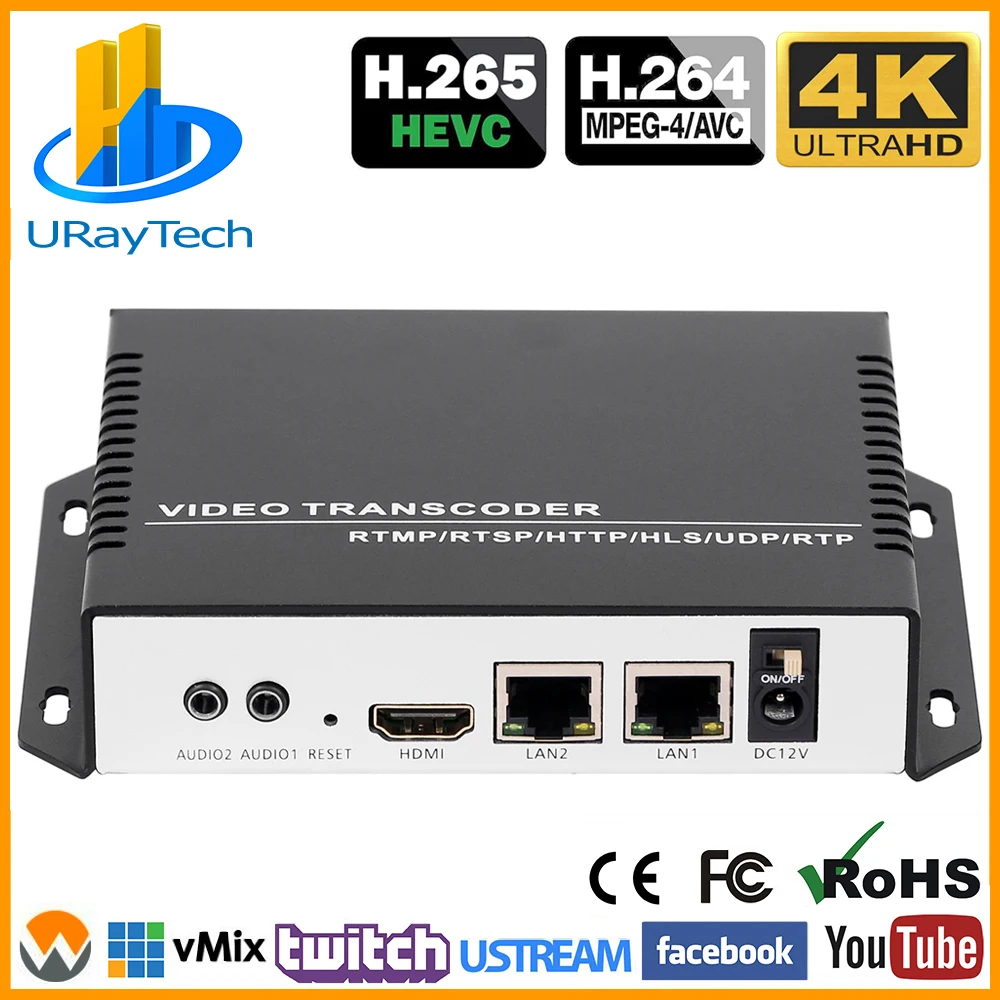 

4K HEVC H.265 H.264 IP Video Streaming Transcoder for RTMP UDP HTTP RTSP HLS M3U8 URL to RTMP RTMPS UDP HTTP RTSP HLS SRT ONVIF