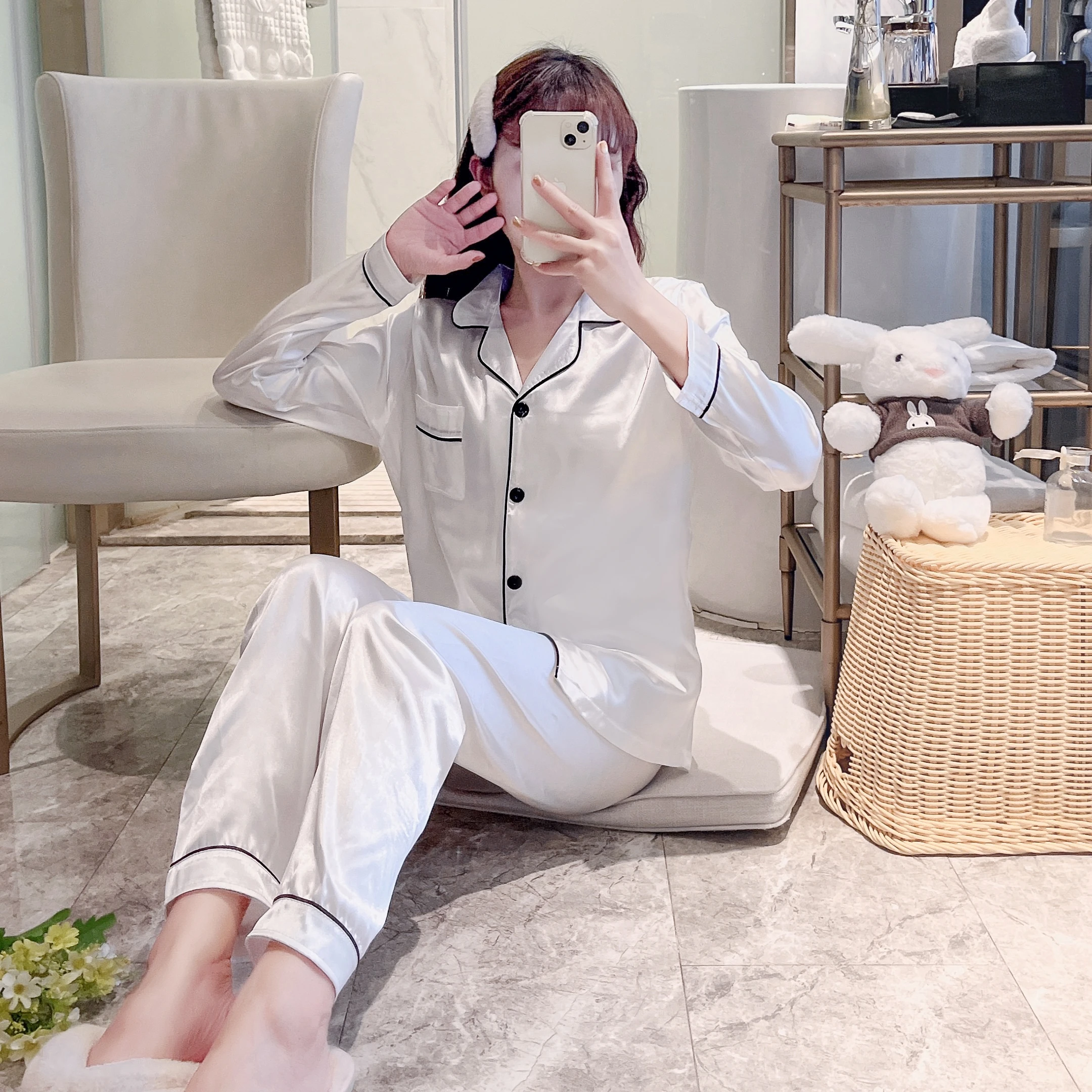 Summer long sleeve trousers solid color silk-like women's pajamas casual loose and comfortable girls home clothing two-piece sui