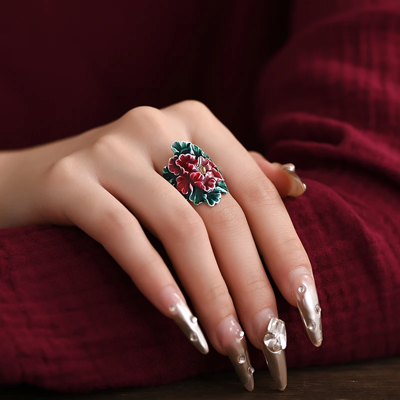 Кольцо ZABRA из стерлингового серебра 990 эмалированное кольцо с пионом для женщин