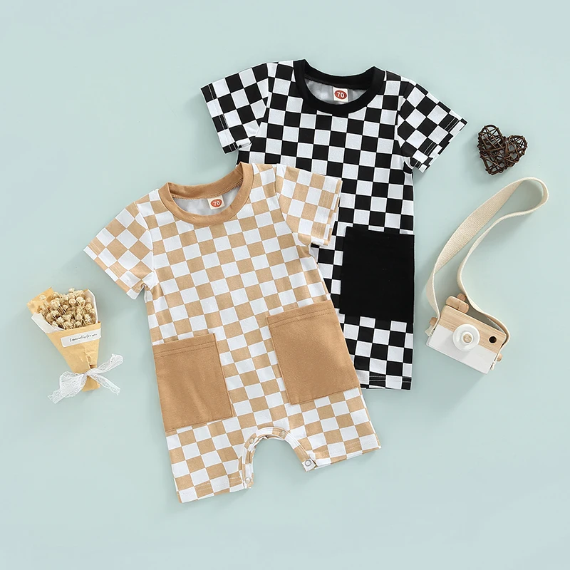 

Baby Boys Summer Clothing 2 Colors Newborn Short Sleeve Checkerboard Print Romper Jumpsuits with Big Pockets Overalls Clothes