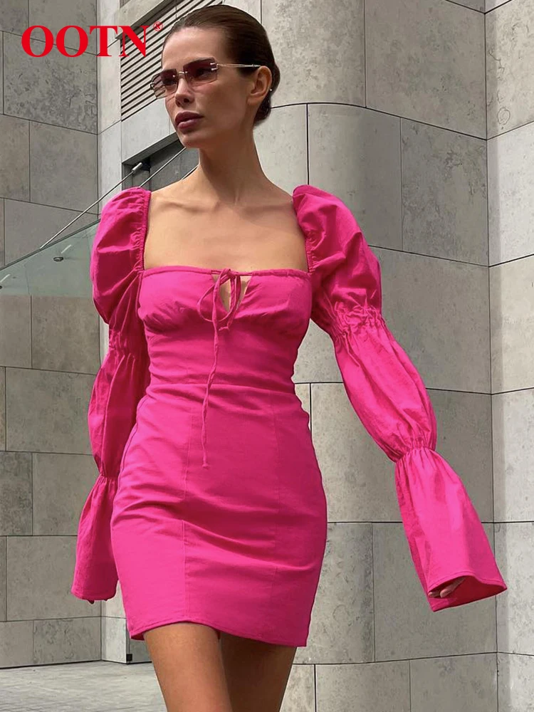 

Сексуальное розовое короткое платье OOTN с пышными рукавами для женщин, весна 2023, платья с квадратным вырезом и высокой талией, модная уличная...