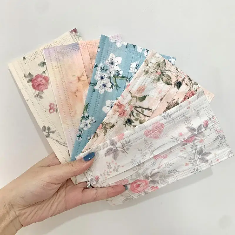 

New 10/50PCS Disposable Face Mask Cartoon Printing Flower Mouth Masks 3-layer Anti Dust Breathable Masque Adult Mask Mascarillas