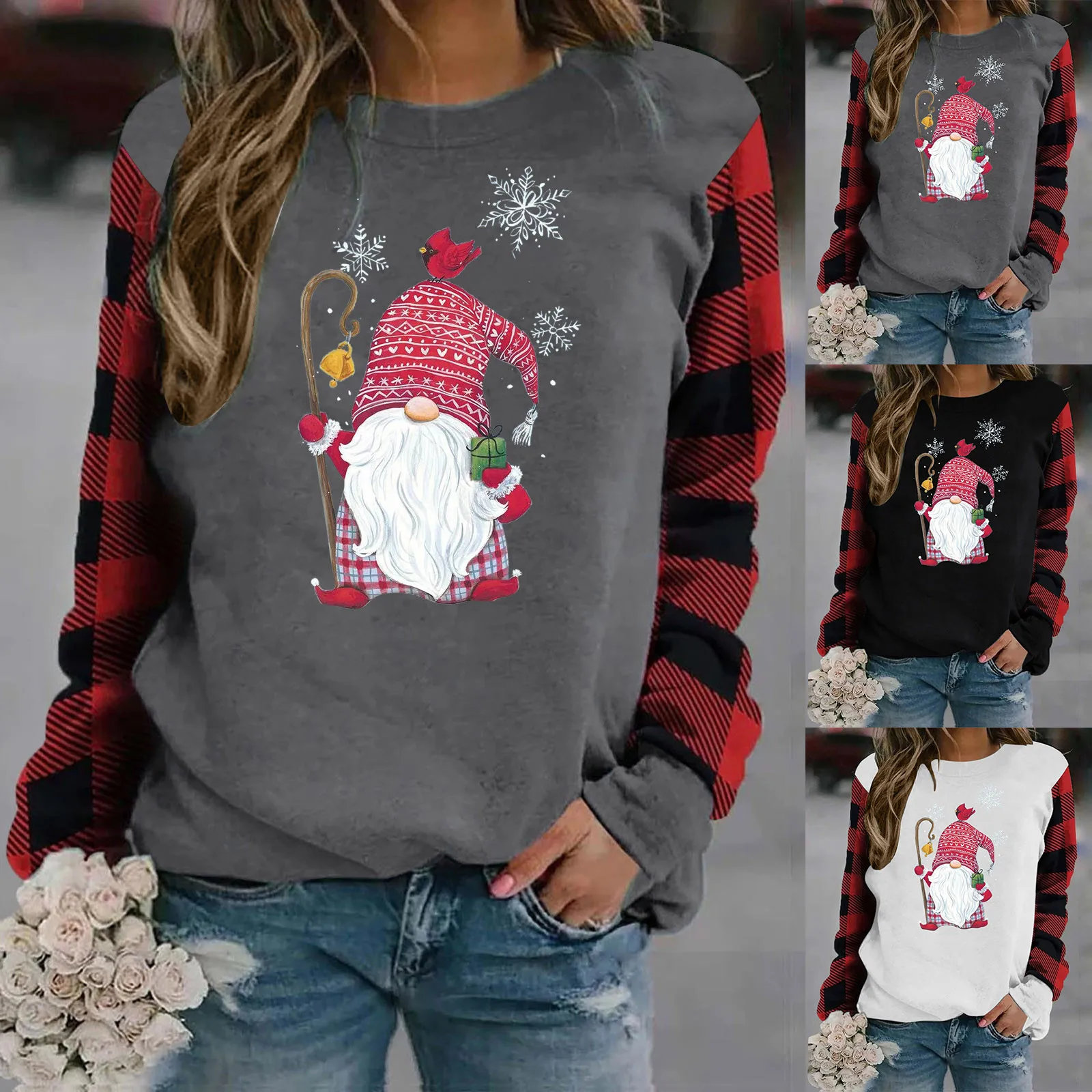

2022 Hoodies Sweatshirt Clothes Women's Christmas Plaid Print Sleeve Sweatshirt Pattern Sweatshirt Long Sleeve Crew