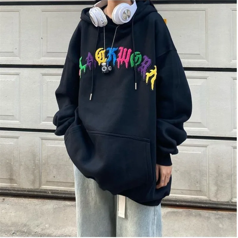 

Large Size Hoodies Women Harajuku Streetwear Colorful Letter Love Print Loose Plush Thickened Casual Couple Fashion Girl Outwear