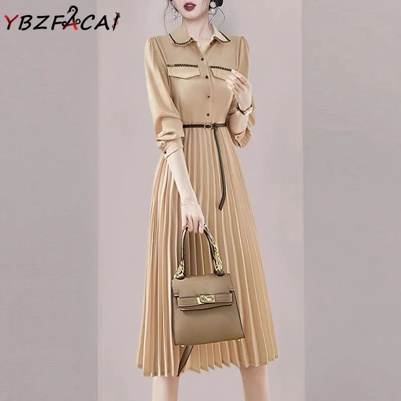 

Женское Плиссированное Платье-рубашка, элегантное приталенное платье-рубашка цвета хаки с длинным рукавом и воротником-поло, во французском винтажном стиле, осень