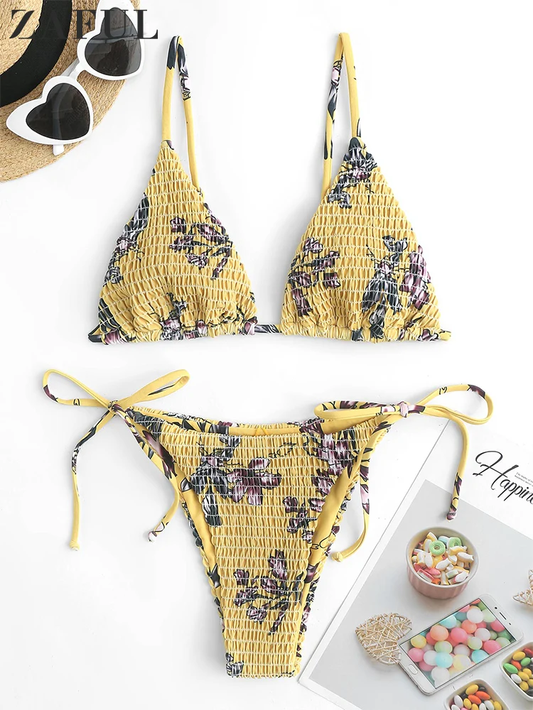 

ZAFUL Women's Flower Print Smocked String Bikini Tie Side Swimwear High Cut Low Waisted Two Piece Swimsuits Bathing Suit 2023