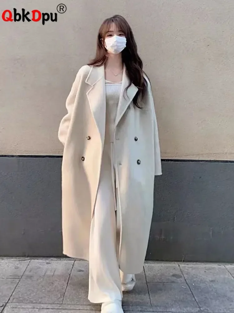 

Warm Mid Length Loose Woolen Coat Korean Women New Thick Wool Blend Overcoat Fall Winter Solid Double Breasted Parkas Jaqueta