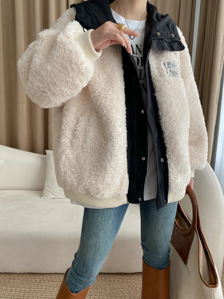 

Bornladies Granular Pile Wool Jacket 2022 Autumn Winter Fashion Patchwork Hooded Single Breasted Coat Women Casual Fleece Coat