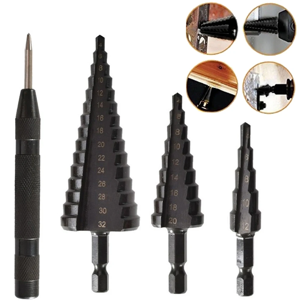 

4pcs 4-12/20/32mm Hexagonal Shank HSS Nitrogen Step Drill Bit Set For Bench Drills Metal Wood Steal Plastic Drilling