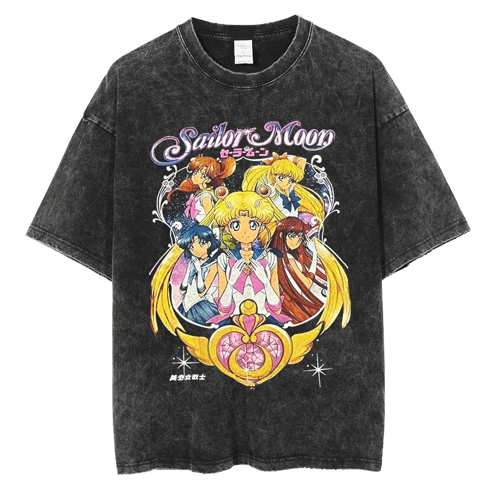

Men Streetwear Vintage Washed Black T Shirt Anime Sailor Moon Print Graphic T-Shirt Summer Tshirt Hip Hop Harajuku Cotton Tops