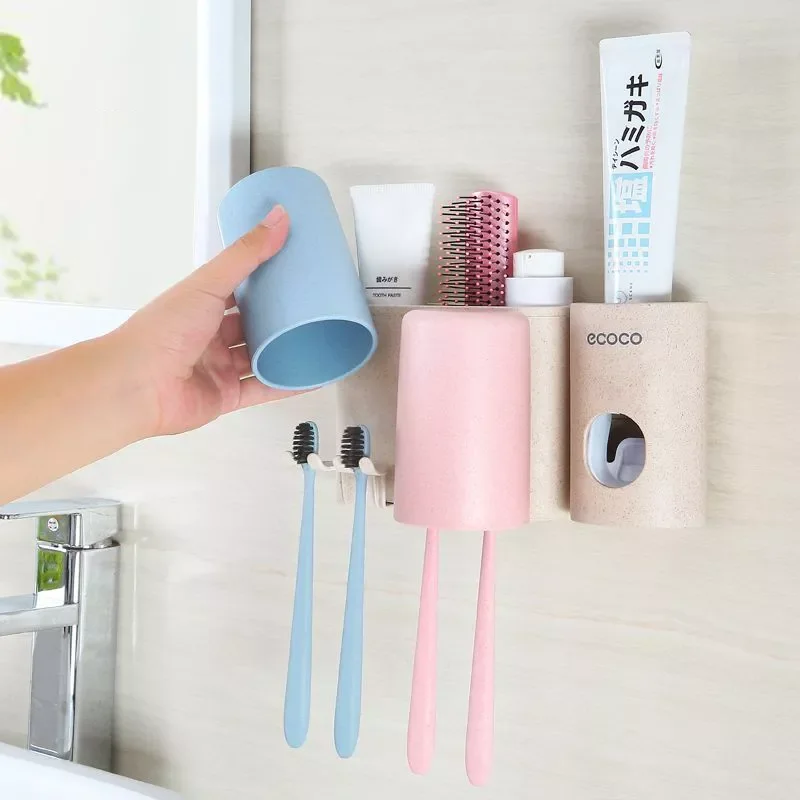 

1PCS Multifunction Toothbrush Holder Family Set Bathroom Accessories Sets 3 Cups Storage Box Household Wheat Straw Washing Set